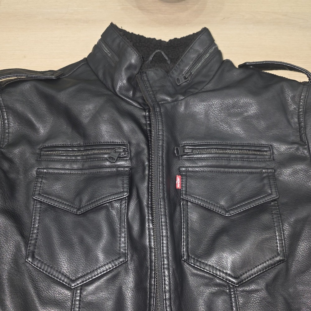 Levis Faux Leather Jacket Coat Sherpa Lined Black Aviator Bomber Size XL - Picture 13 of 15